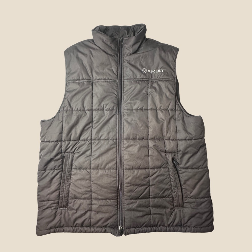 Ariat Puffer Vest Mens XL Brown Quilted Fleece Lined Ripstop Full Zip Sleeveless